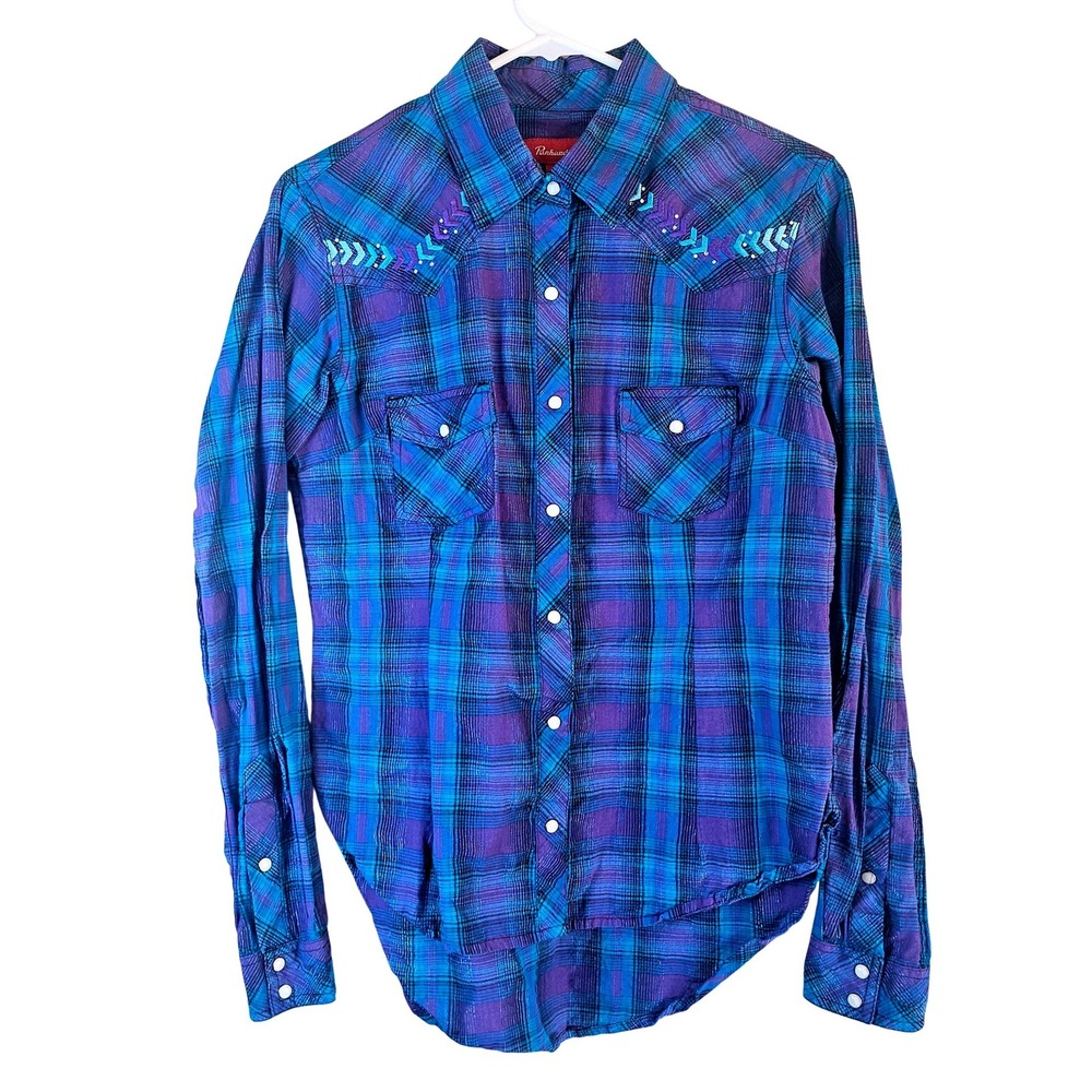 Panhandle Slim Womens Purple Teal Plaid Lurex Western Snap Shirt Medium Metallic